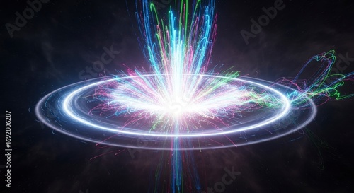 A luminous central core emitting colorful particle streams upwards and outwards encircled by a bright glowing ring with trailing light paths against a dark cosmic expanse
