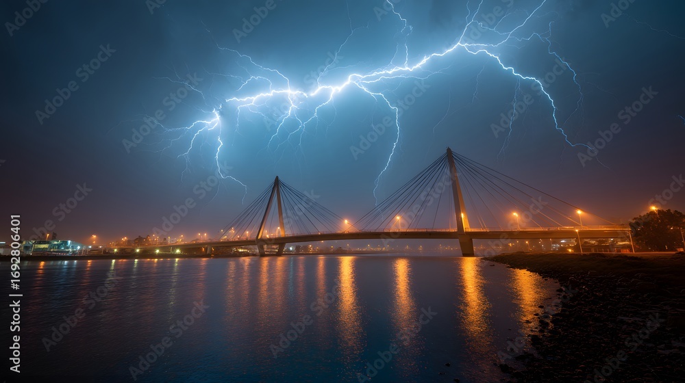 Obraz premium Dramatic Lightning Storm Over City Bridge at Night