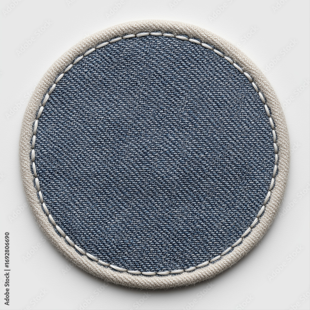 custom made wallpaper toronto digitalA hand crafted round circular circle dark blue denim patch with white stitching and white border edge in white background, custom fashion label patch template for logo, name, uniform design