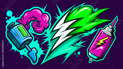 Neon spray paint cans and lightning bolt graffiti magenta