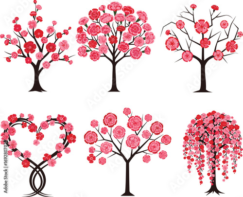 Collection of red and pink carnation flower trees, romantic botanical art set, spring floral illustration design, blooming garden decor, isolated on white