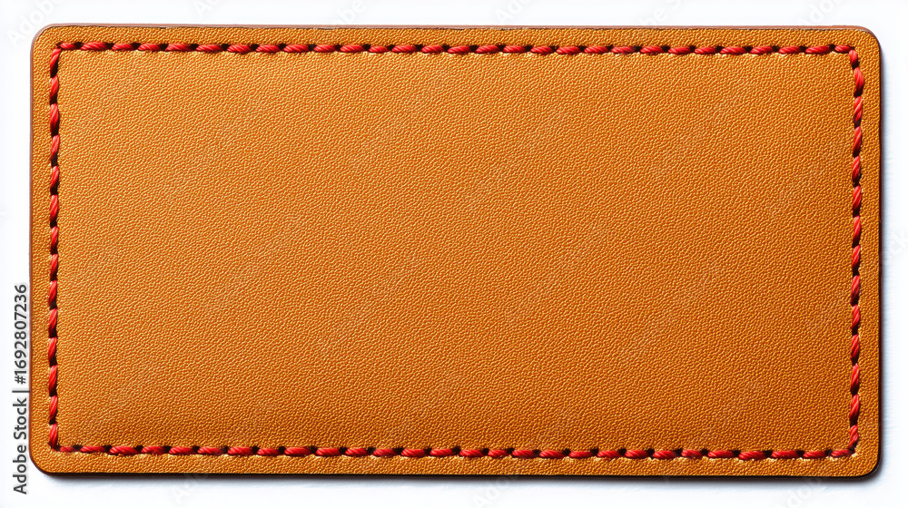 custom made wallpaper toronto digitalA hand crafted rectangle cognac brown leather patch with red, white stitching in white background, custom fashion label patch template for logo, name, uniform design