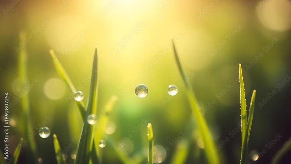 Fototapeta premium Morning dewdrops on fresh grass blades in golden sunlight, symbolizing environmental wellness and natural renewal, perfect for eco-friendly marketing and environmental awareness campaigns