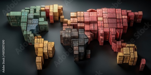 Overhead view of shipping containers arranged in the shape of a world map, reflecting global trade and shipping in the context of trade wars.