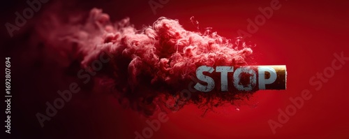 Bold promotional poster with red theme, showing stop sign over a cigarette to support anti-smoking campaign.