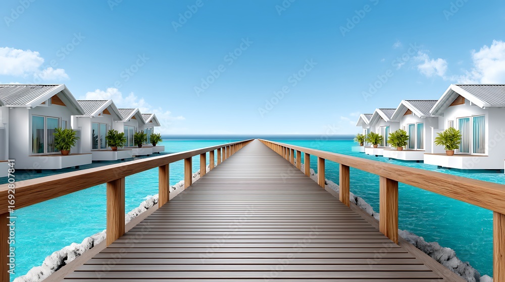 Fototapeta premium Serene Wooden Pier Leading to Beautiful Tropical Beach Houses in Clear Blue Water