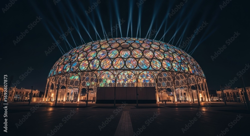 Fototapeta premium Illuminated dome structure at night, vibrant stained glass
