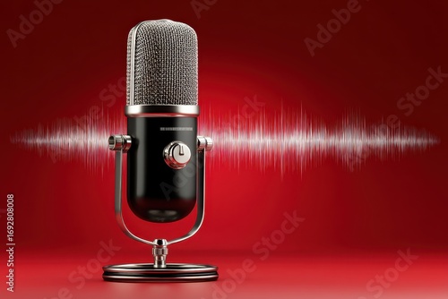 A professional studio microphone stands against a vivid red backdrop, with digital sound waves representing voice recording and audio production.