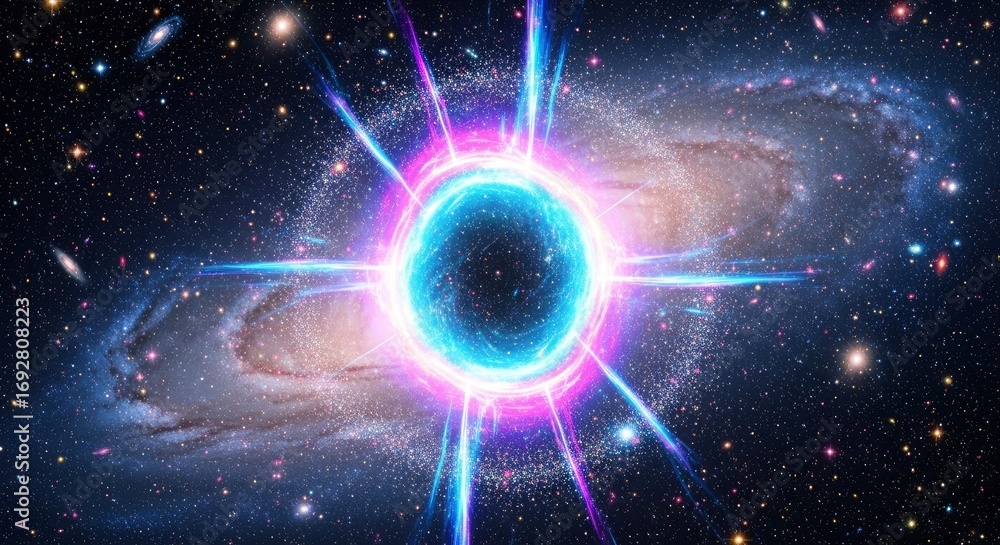 Obraz premium A luminous cosmic anomaly with blue and purple energy bursts radiates in a star-filled galaxy surrounded by distant spiral galaxies