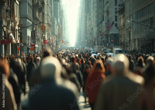 Crowded urban area filled with people of various ethnicities walking in rush hour, showcasing the impact of growing human population on city life and infrastructure.
