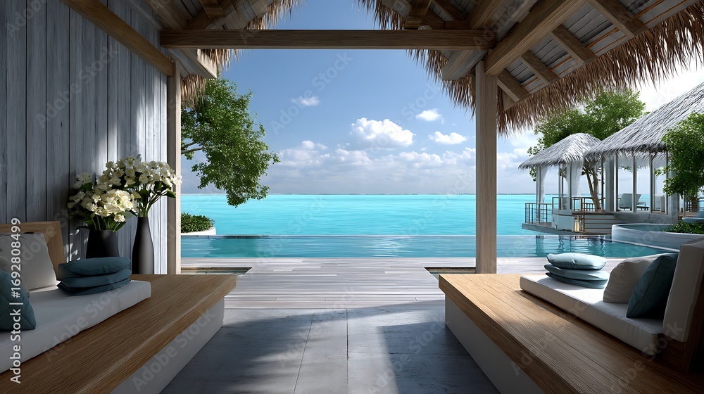 Fototapeta premium Serene Beachfront View from Cozy Cabana Overlooking Vibrant Tropical Ocean