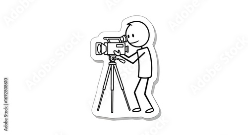 Stick Figure Videographer Filming with Tripod-Mounted Camera, Simple Line Art.