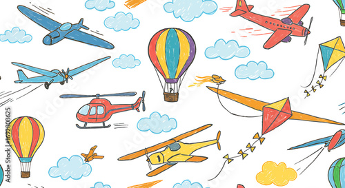 A whimsical illustration featuring various aircraft and kites floating amongst fluffy clouds.