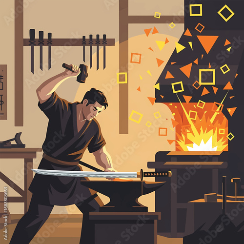 Blacksmith forging a katana in a traditional workshop