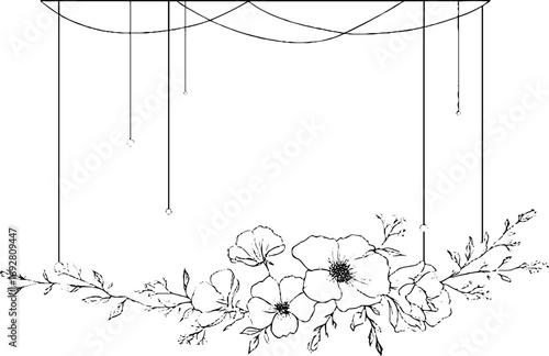 Elegant minimalist line art border with bells and ribbons for festive design