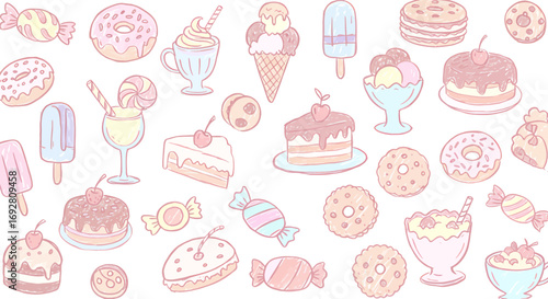 A delightful pastel-colored assortment of various sweets and desserts, arranged on a white background.