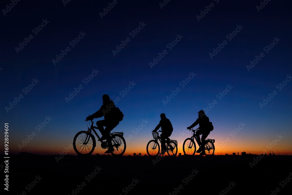 Fototapeta premium Silhouettes of three cyclists at twilight