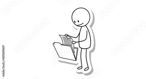 Minimalist Stick Figure Organizing Documents in Open File Folder on White Background, Managing Paperwork.