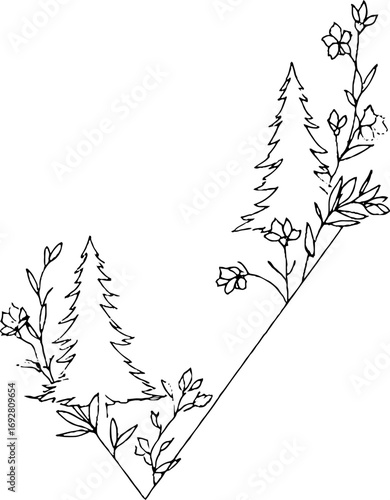 Minimalist line art border with christmas trees and flowers for holiday design projects