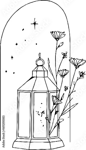 Minimalist line art lantern border with floral and starry accents for design and decor