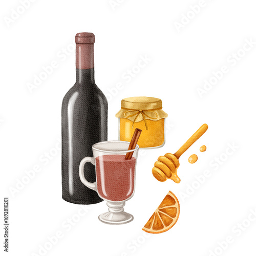 Watercolor christmas illustration with glint wine. Hand painted wine glass with glint wine, tangerine and cinnamon sticks isolated on white background. Holiday cards