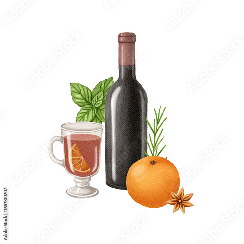 Watercolor christmas illustration with glint wine. Hand painted wine glass with glint wine, tangerine and cinnamon sticks isolated on white background. Holiday cards