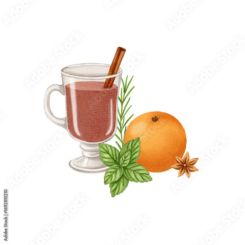 Watercolor christmas illustration with glint wine. Hand painted wine glass with glint wine, tangerine and cinnamon sticks isolated on white background. Holiday cards