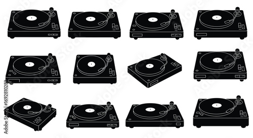 a grid layout of multiple vinyl turntables arranged neatly