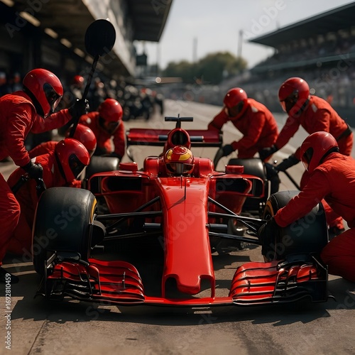 formula 1 team changing tires on a formula 1 car