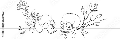 Minimalist line art border with skulls and roses for elegant design needs