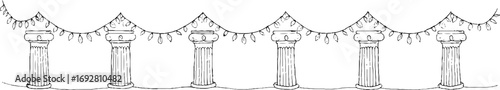 Minimalist line art border with classic columns and garland for elegant design