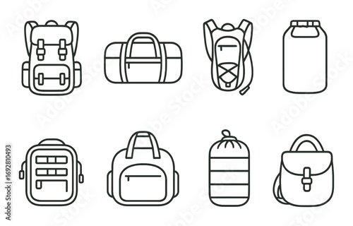 Various types of backpacks and bags icons set on a grey background