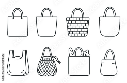 Collection of eco-friendly tote bag icons on textured background