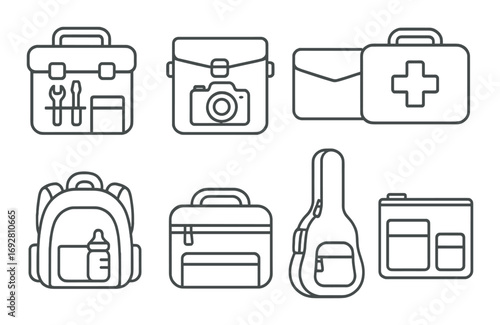 Set of various bag icons featuring backpacks, briefcases, and camera case designs