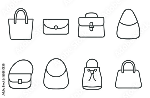 Minimalist outline icons of various handbag styles on gradient background