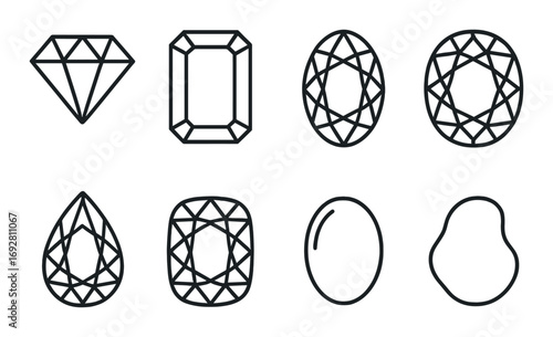 Various gemstone cut designs on dark background: diamond, oval, pear, emerald