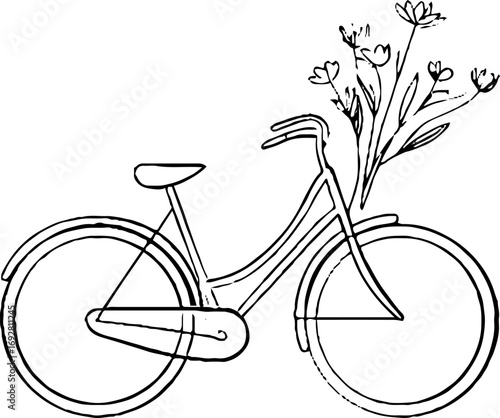 Minimalist bicycle line art with floral leaves, black white illustration design in aesthetic style.
