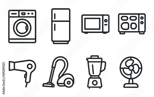 Household appliance icons set on dark background