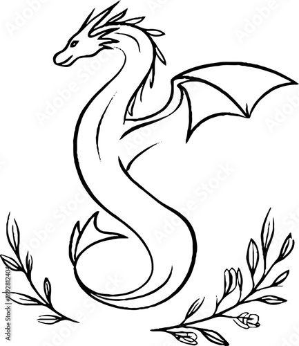Minimalist dragon line art illustration with botanical accents for tattoo design