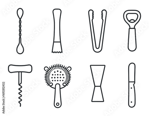 Set of black cocktail bar tools on dark background