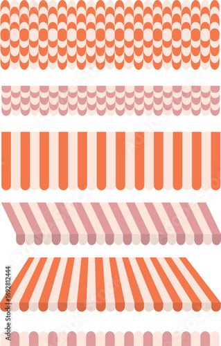 Collection of vintage shop canopies and striped awnings in various styles and colors. Perfect for cafe storefronts, bakery designs, market stalls, outdoor shops, or architectural illustrations.
