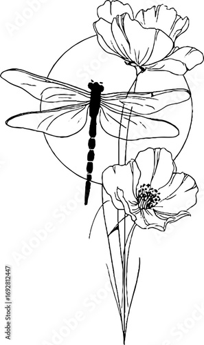 Elegant minimalist dragonfly and floral line art for tattoo or design