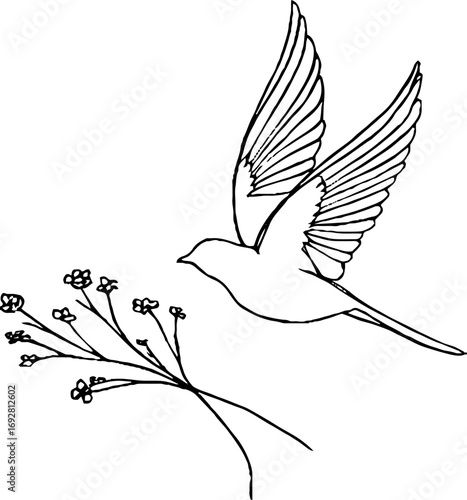 Minimalist line art of bird glider with floral elements for logo or tattoo design