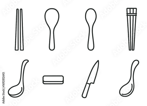 Outline icons of utensils on dark background: chopsticks, spoons, knife, ladle
