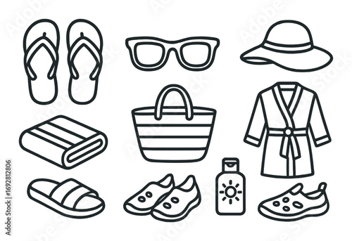 Beach essentials icon set: flip-flops, sunglasses, sun hat, towel, bag, sunblock, sandals