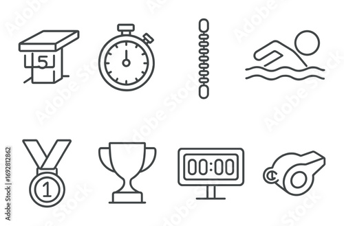 Swimming competition symbols: medal, trophy, stopwatch, scoreboard, whistle, swimming, pool lane marker