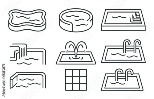 Collection of minimalistic swimming pool line icons on dark background