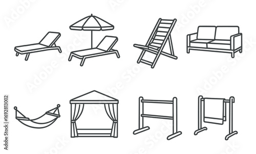 Variety of outdoor furniture elements including chairs and umbrella on dark background