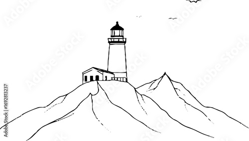 Minimalist line art of lighthouse on mountainous landscape for aesthetic design