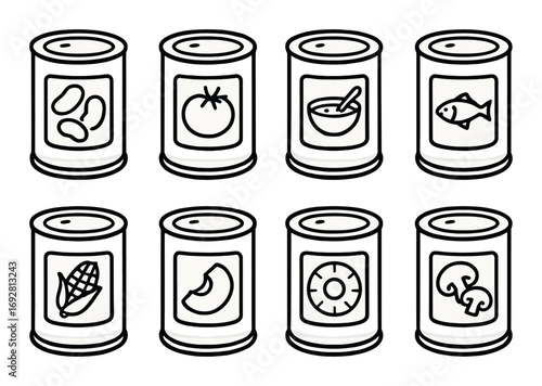 Variety of canned foods illustrations: tomatoes, beans, fish, soup, corn, peaches, pineapple, mushrooms